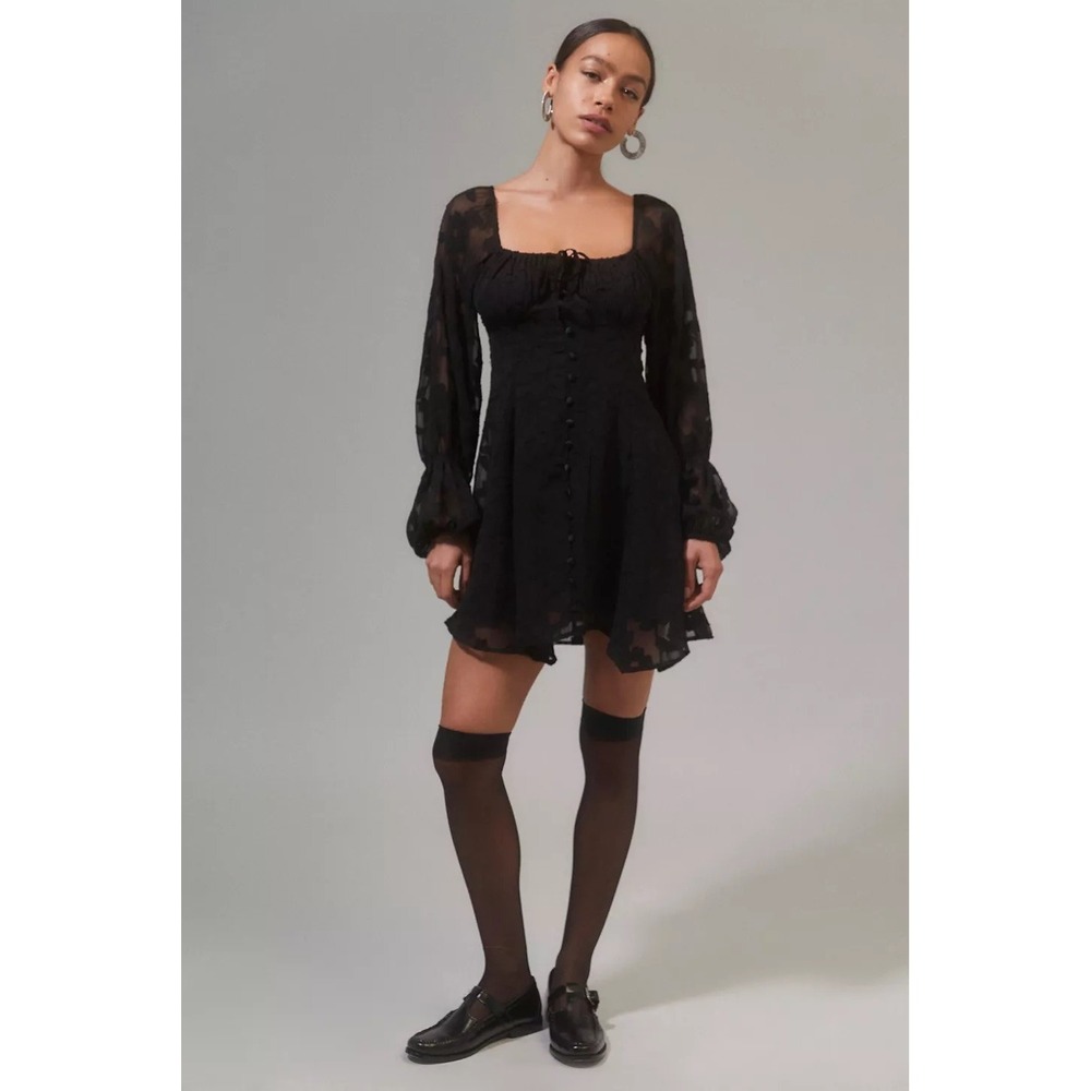 Urban Outfitters Wisteria Black Floral Long Sleeve Sheer Mini Dress Women's S